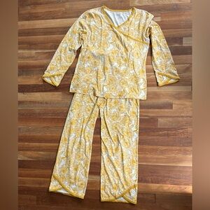 Garnet Hill Cotton full length long sleeve Asian wrap pajama set yellow small
